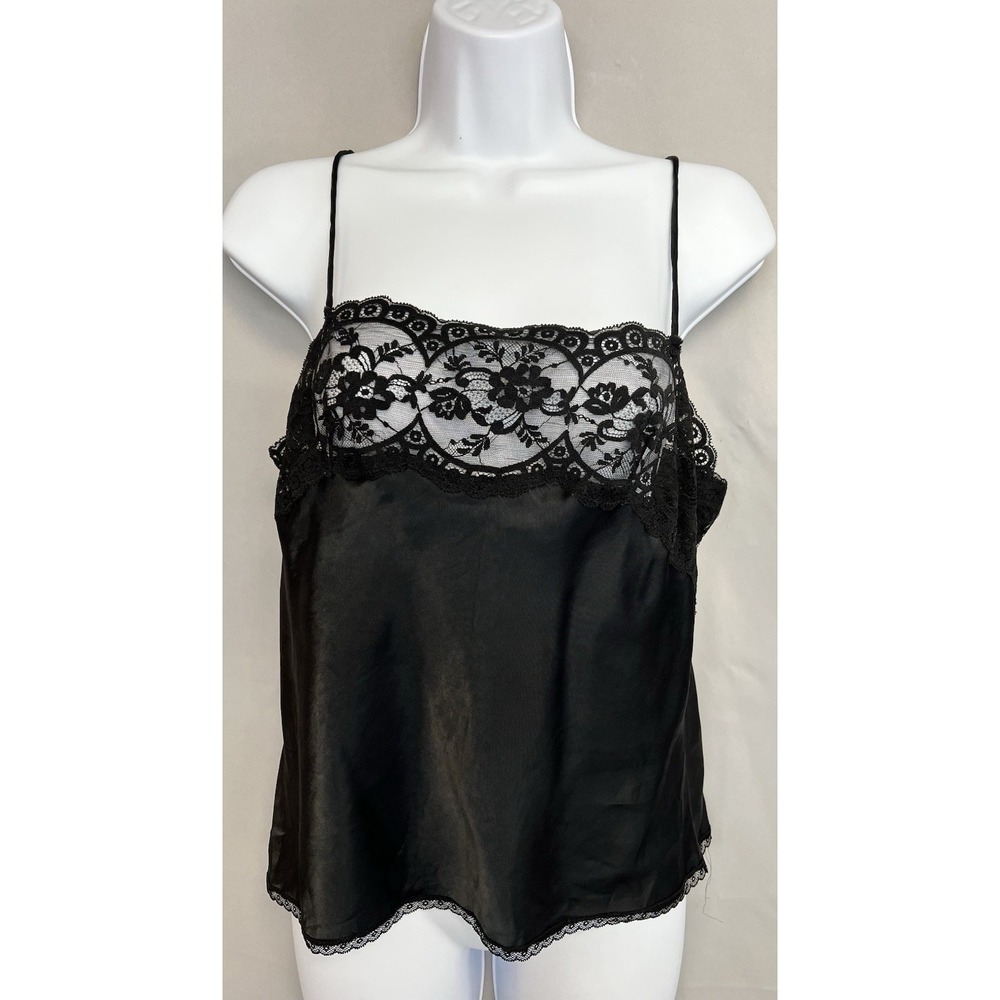 Vintage Olga Top Tank Black Sleepwear Sz 36 /Lโ Women's Satin Lace Made USA Y2K